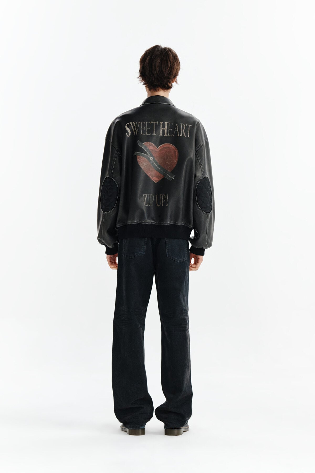 Matin Kim] BACK PRINTING WASHED LEATHER JUMPER IN BLACK 正規品