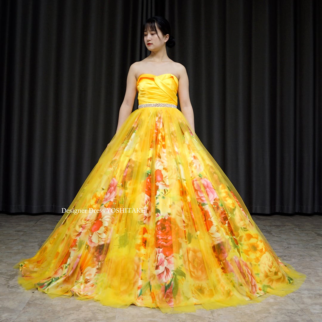 オーダー制作】ウエディングドレス(無料パニエ) 上半身イエローサテン