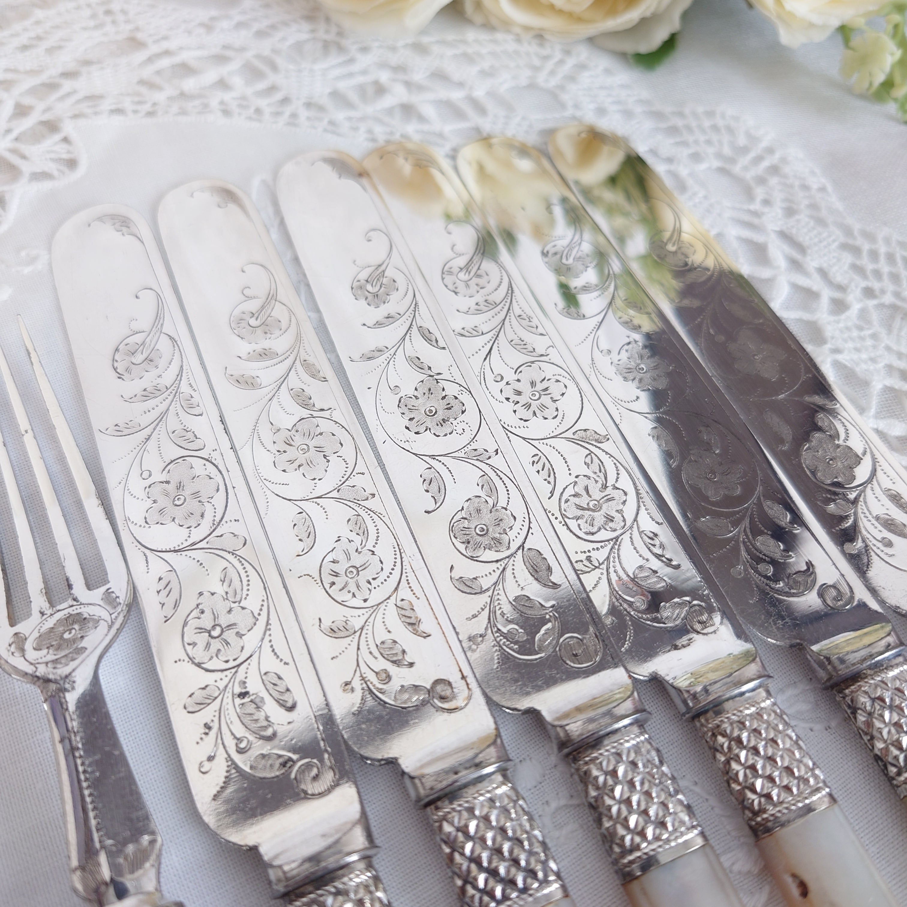 白蝶貝 マザーオブパール デザートカトラリーセット フラワーデザイン