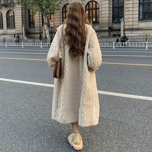 予約販売】ファーコート ロング丈 レディース アウター ケーブル柄