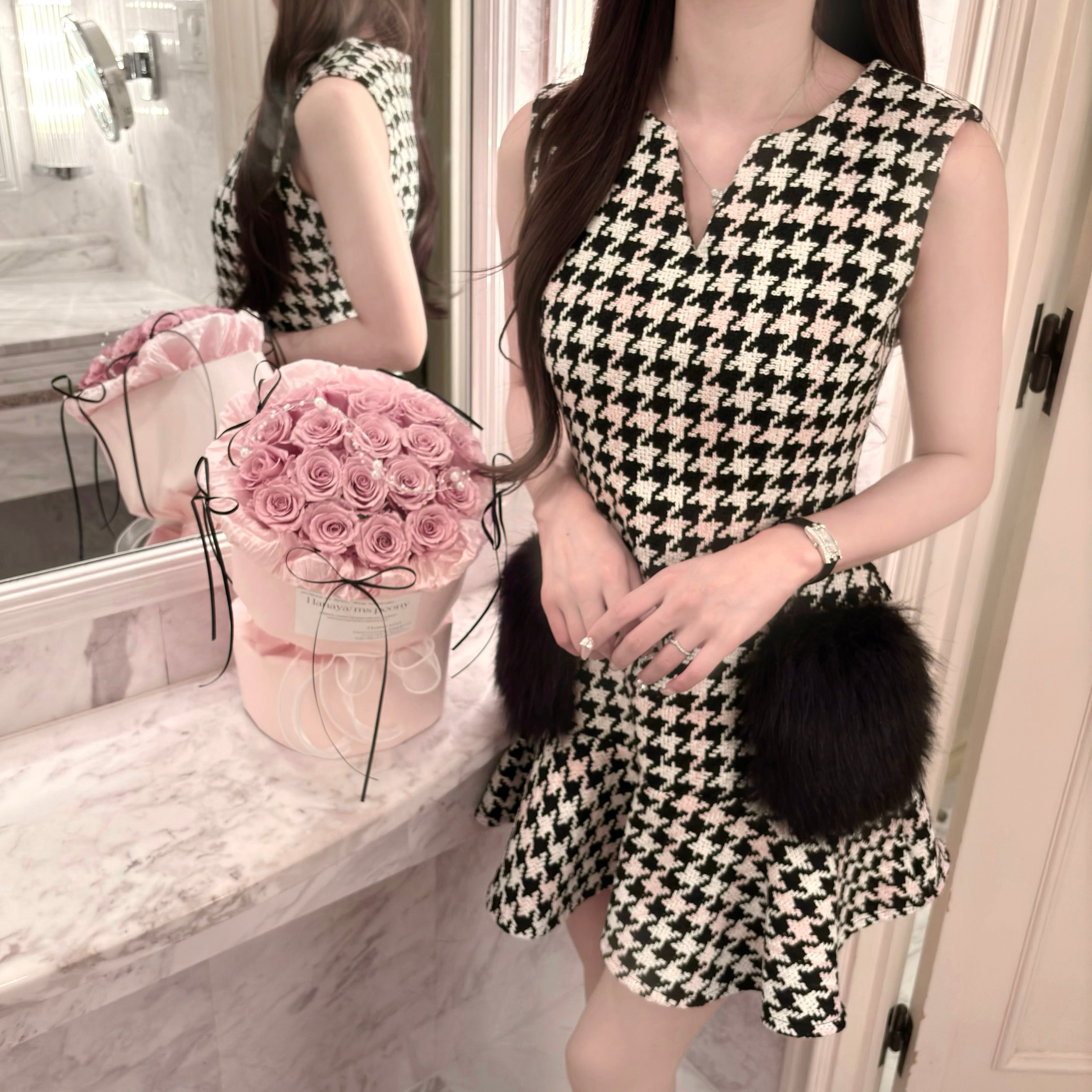 Lumignon original ♥ pink × black houndstooth pocket fur op | Lumignon
