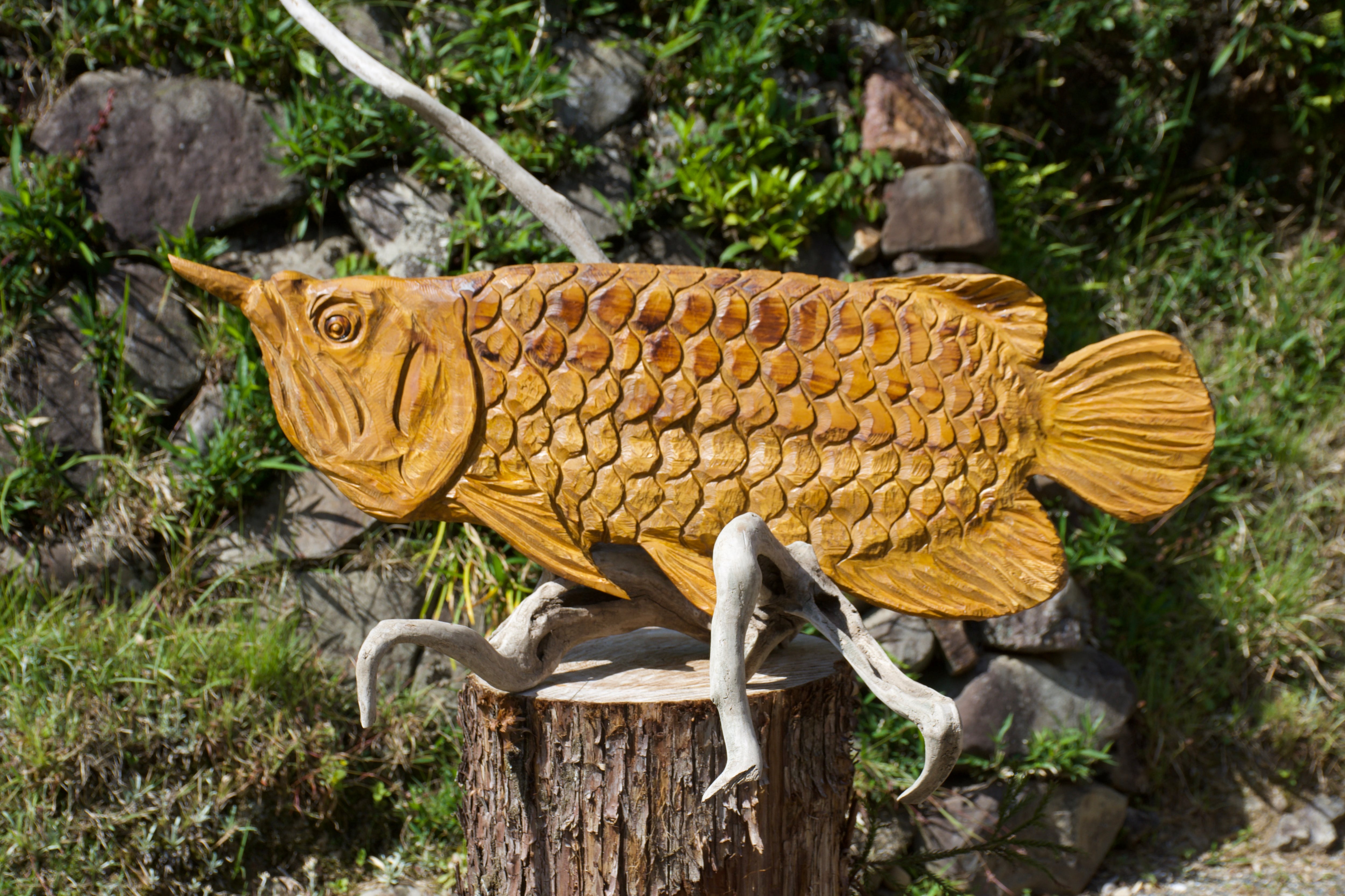 アロワナ 壁掛け チェーンソーアート彫刻作品 | チェンソーアート彫哲