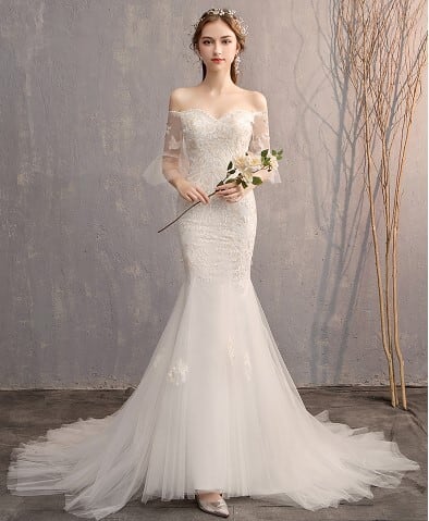 エレガント ウエディングドレス マーメイドライン 3D立体レース刺繍