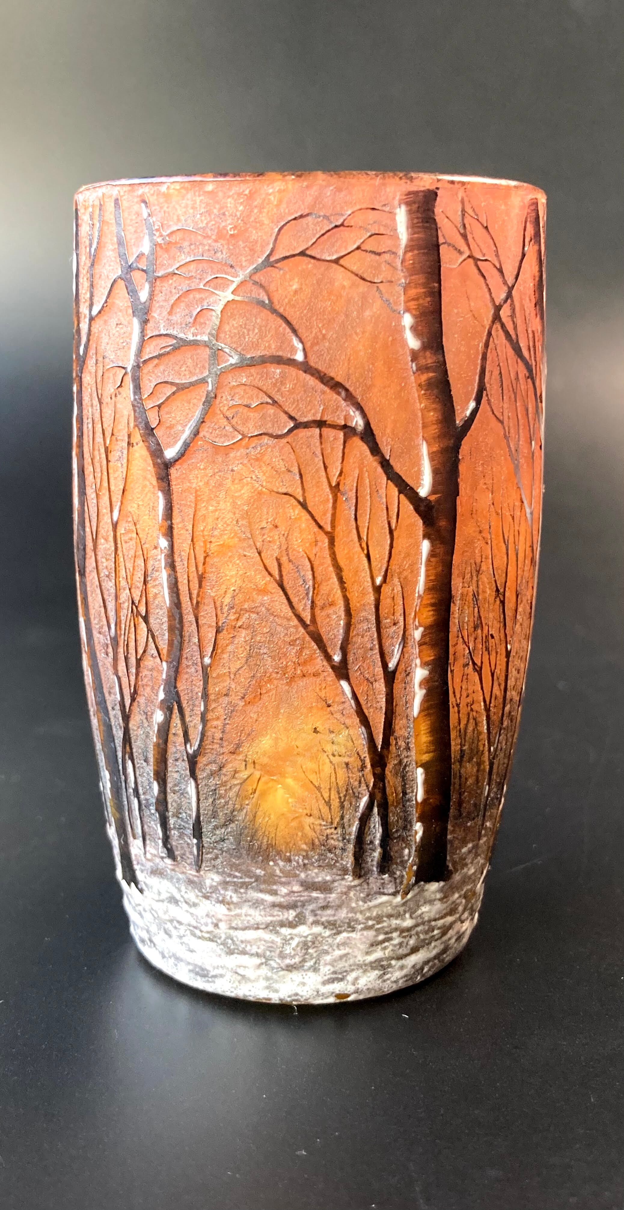 ドーム・ナンシー 冬 雪景色 雪林風景 花瓶 被せガラス エナメル 酸化