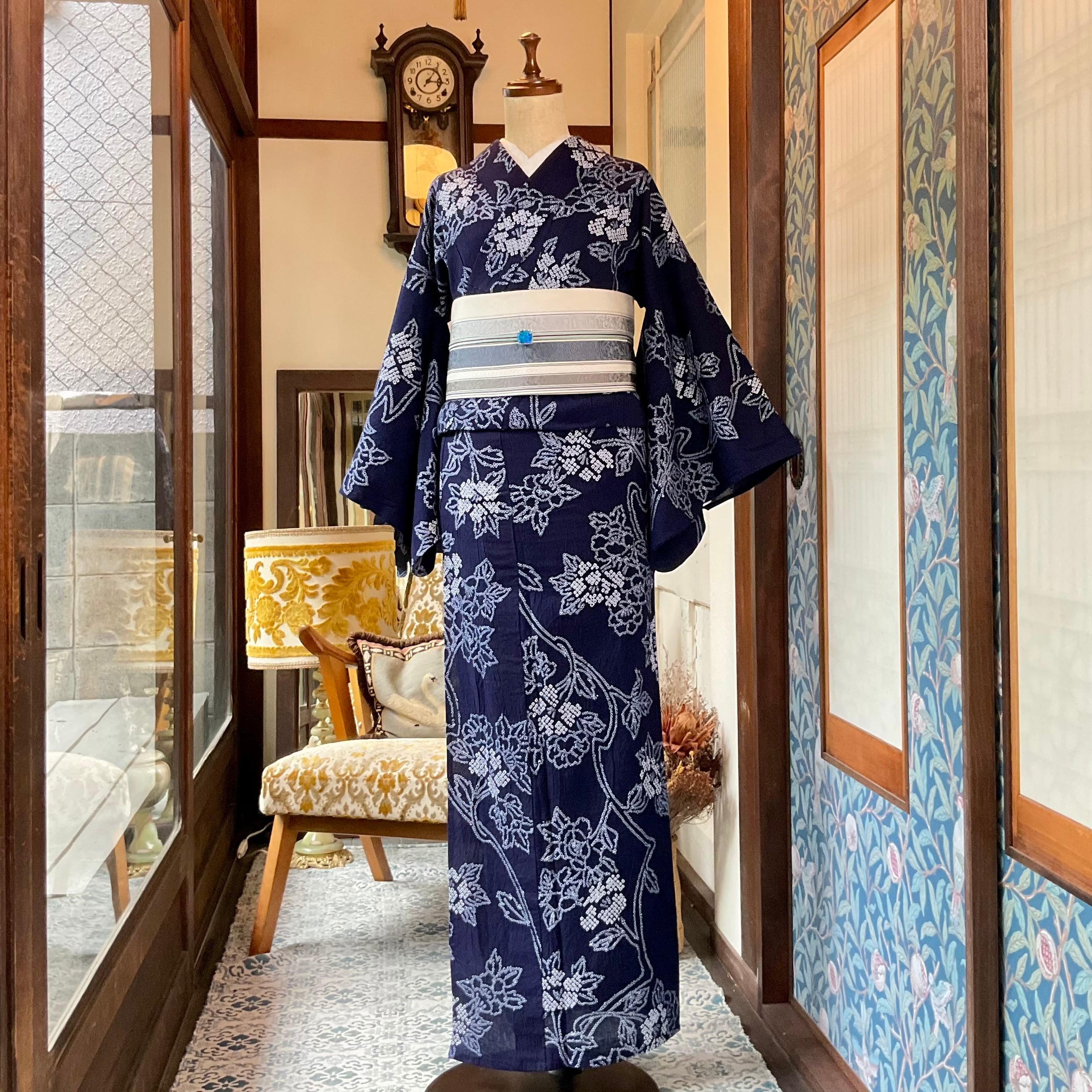long＊咲きこぼれる花＊有松鳴海絞り浴衣 花 藍色 A698 | kimono tento