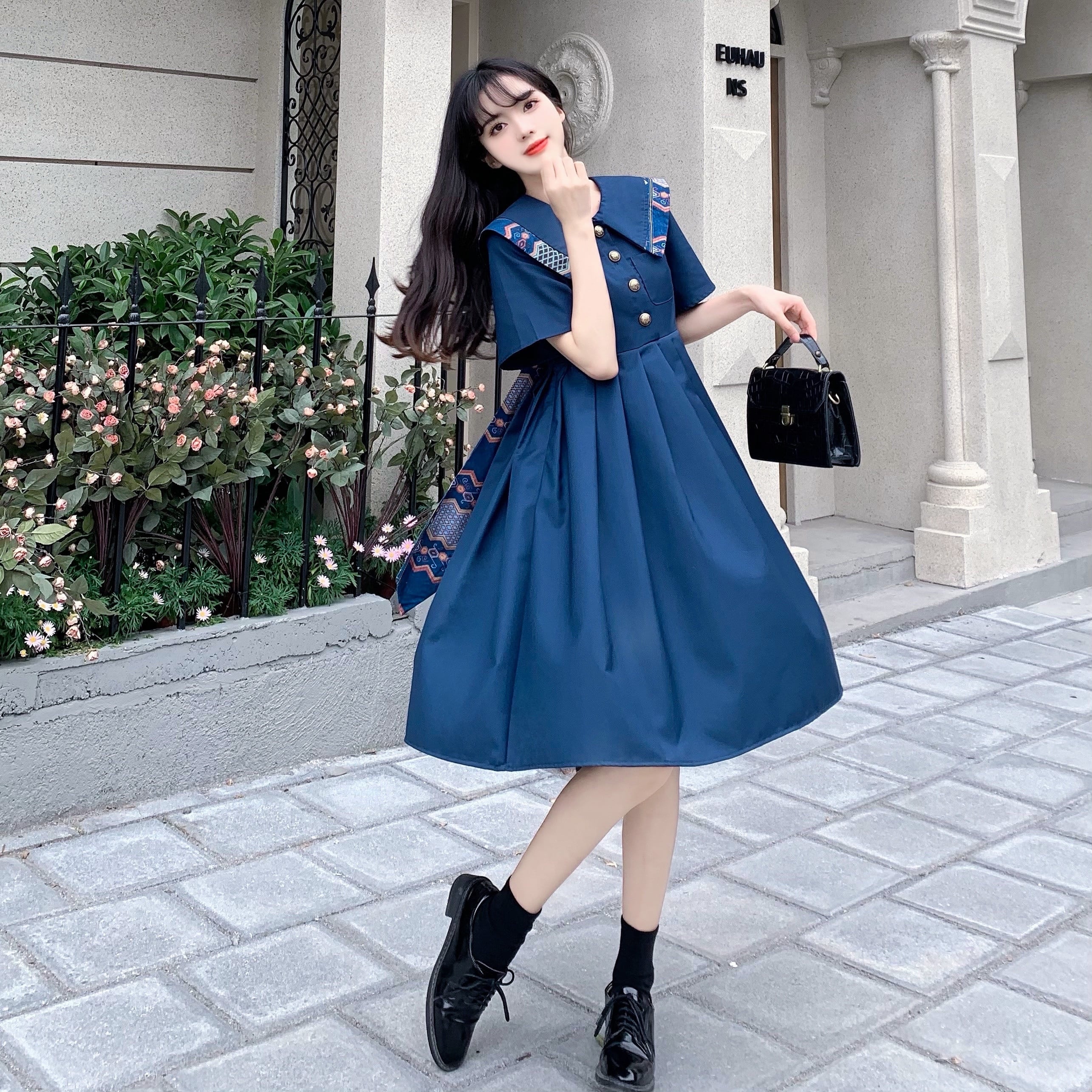 ワンピース 襟 ネイビー 膝丈 半袖 夏 プリーツ 大きいサイズ