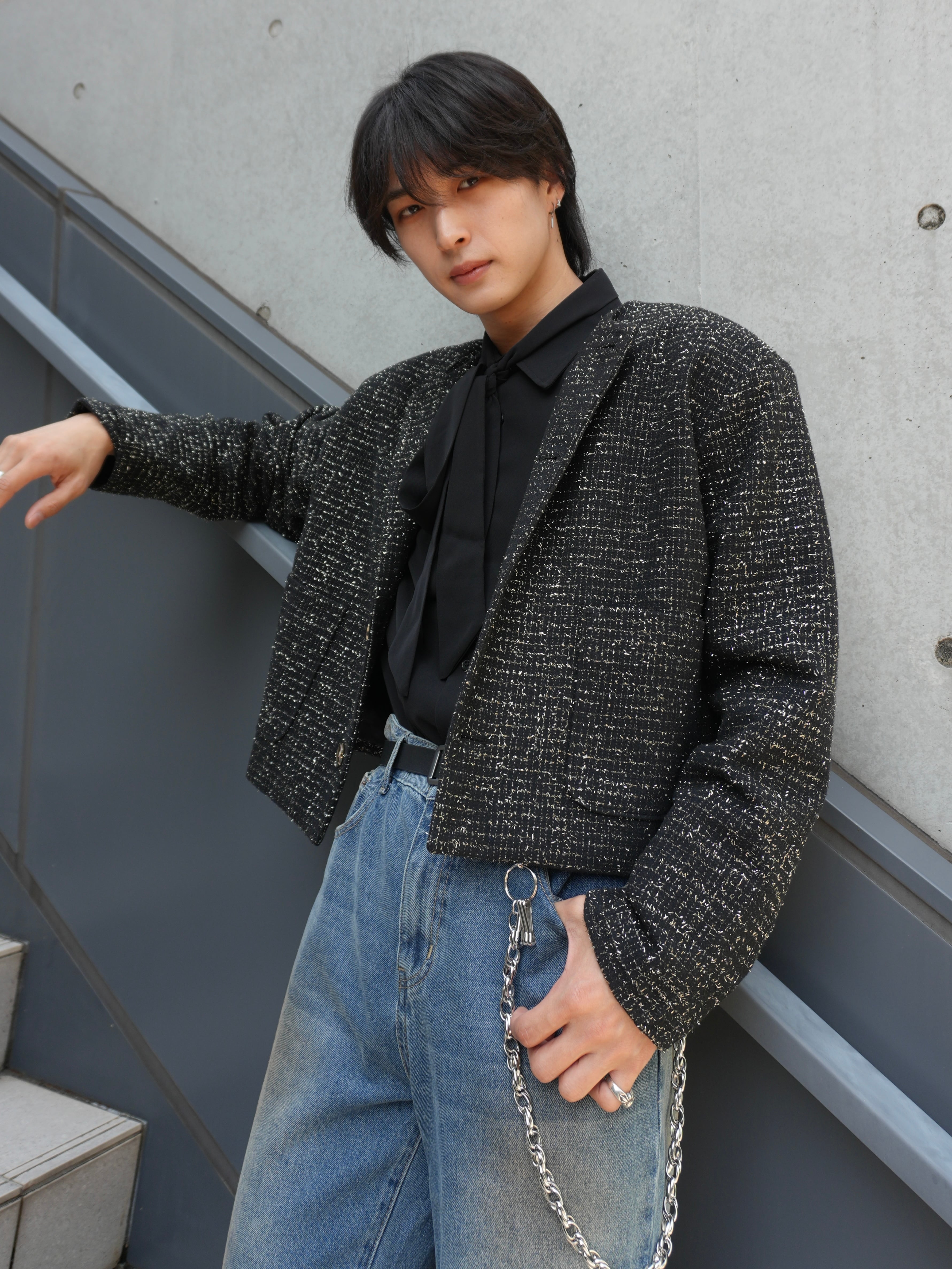 ALUDE SELECT】 nocollar lame tweed jacket(3color) | 【ALUDE】韓国