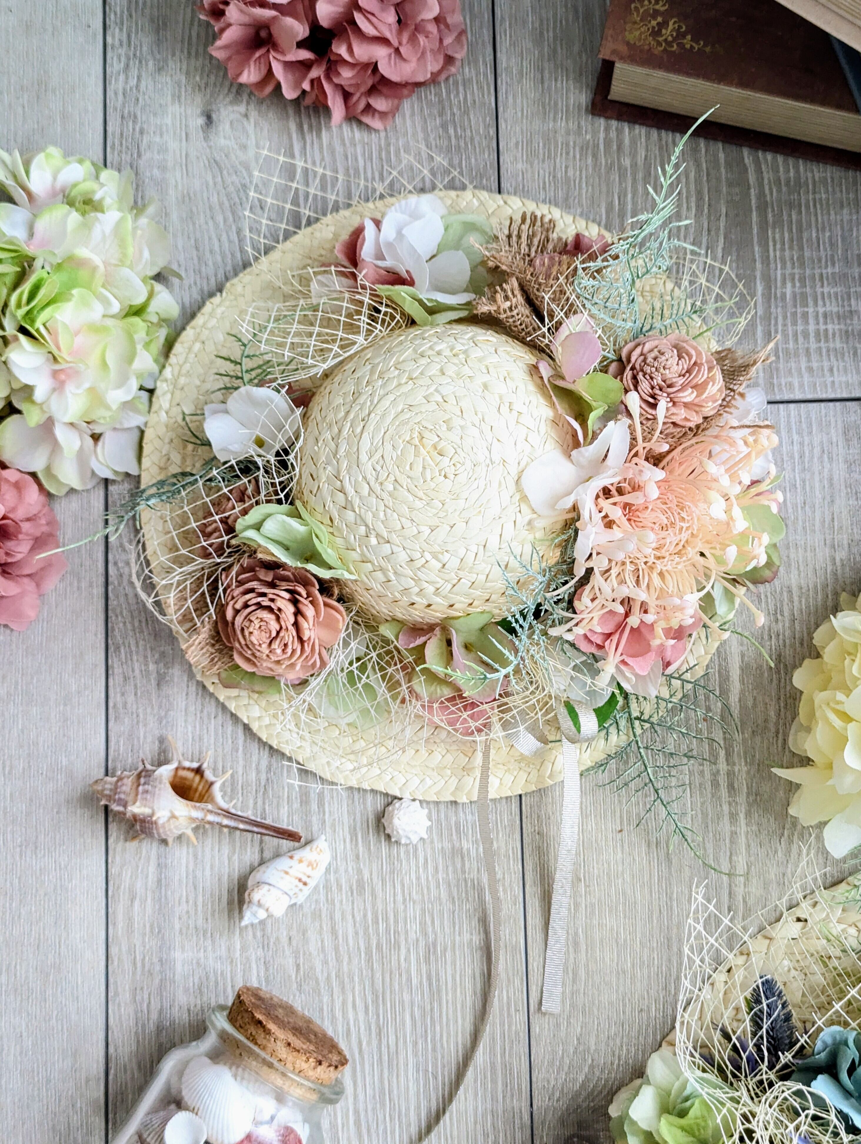 麦わら帽子のSummerArrangement〜壁飾りsmall/pink】 | HARUBERRY