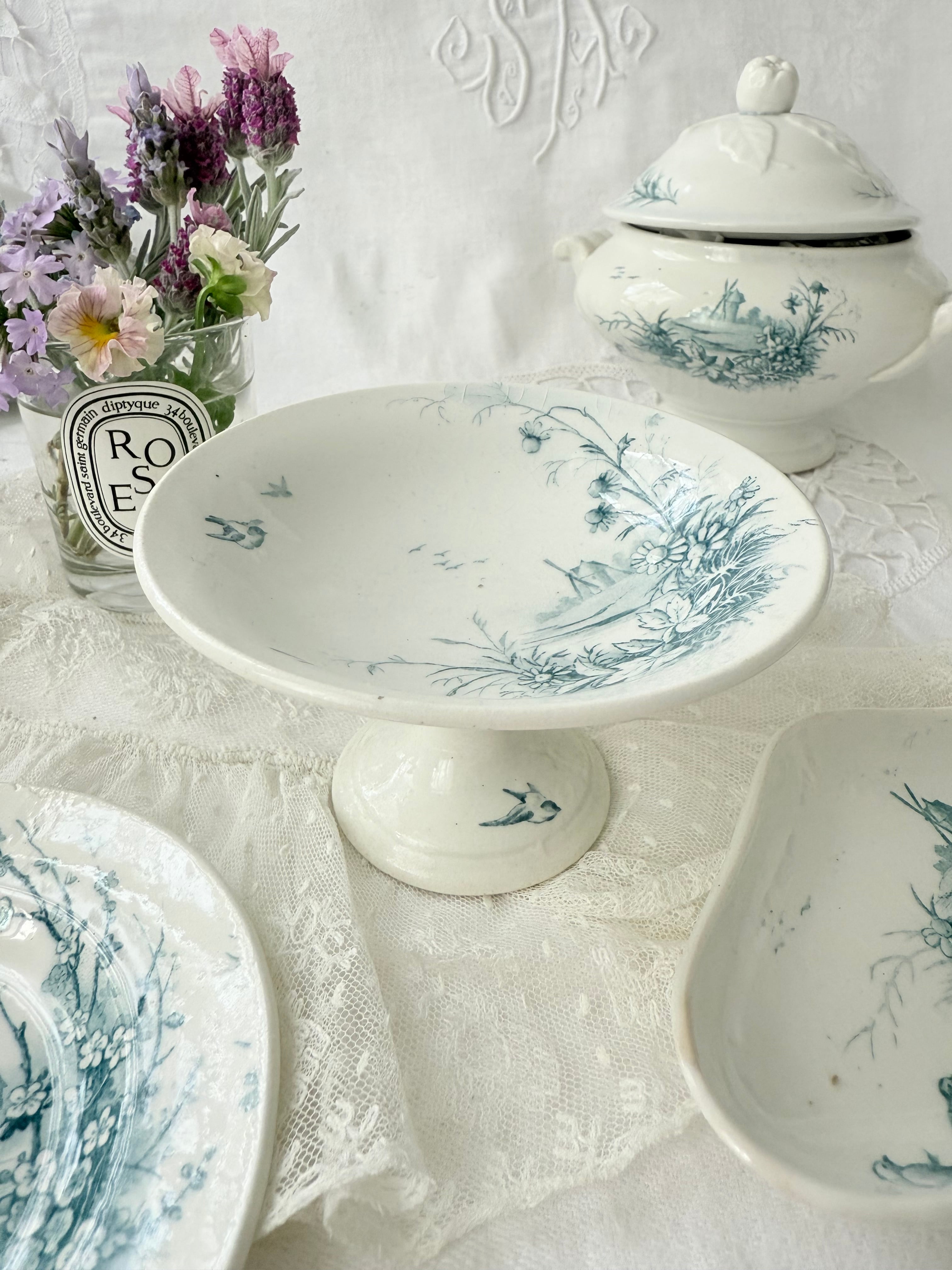 フランスアンティーク陶器ジアンGien小鳥と水車模様のムタディエ