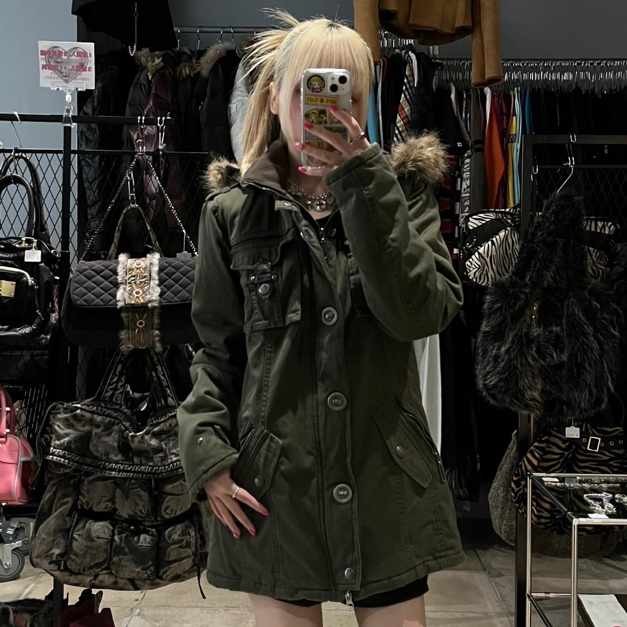 グランジ ファーモッズコート カーキ | 古着屋 PINK