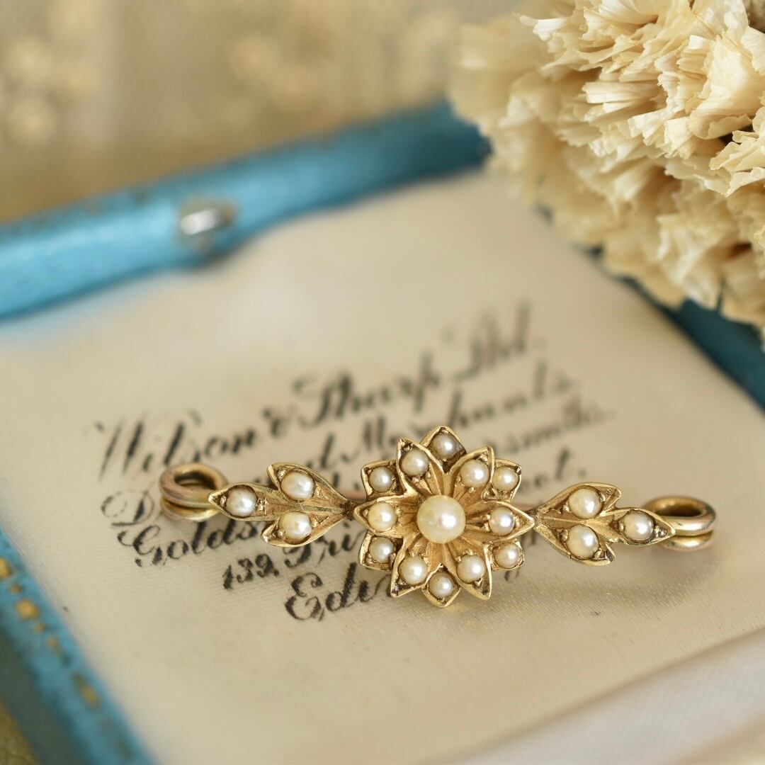 アンティーク9K＊1900年頃イギリス＊シードパールのお花がかわいい