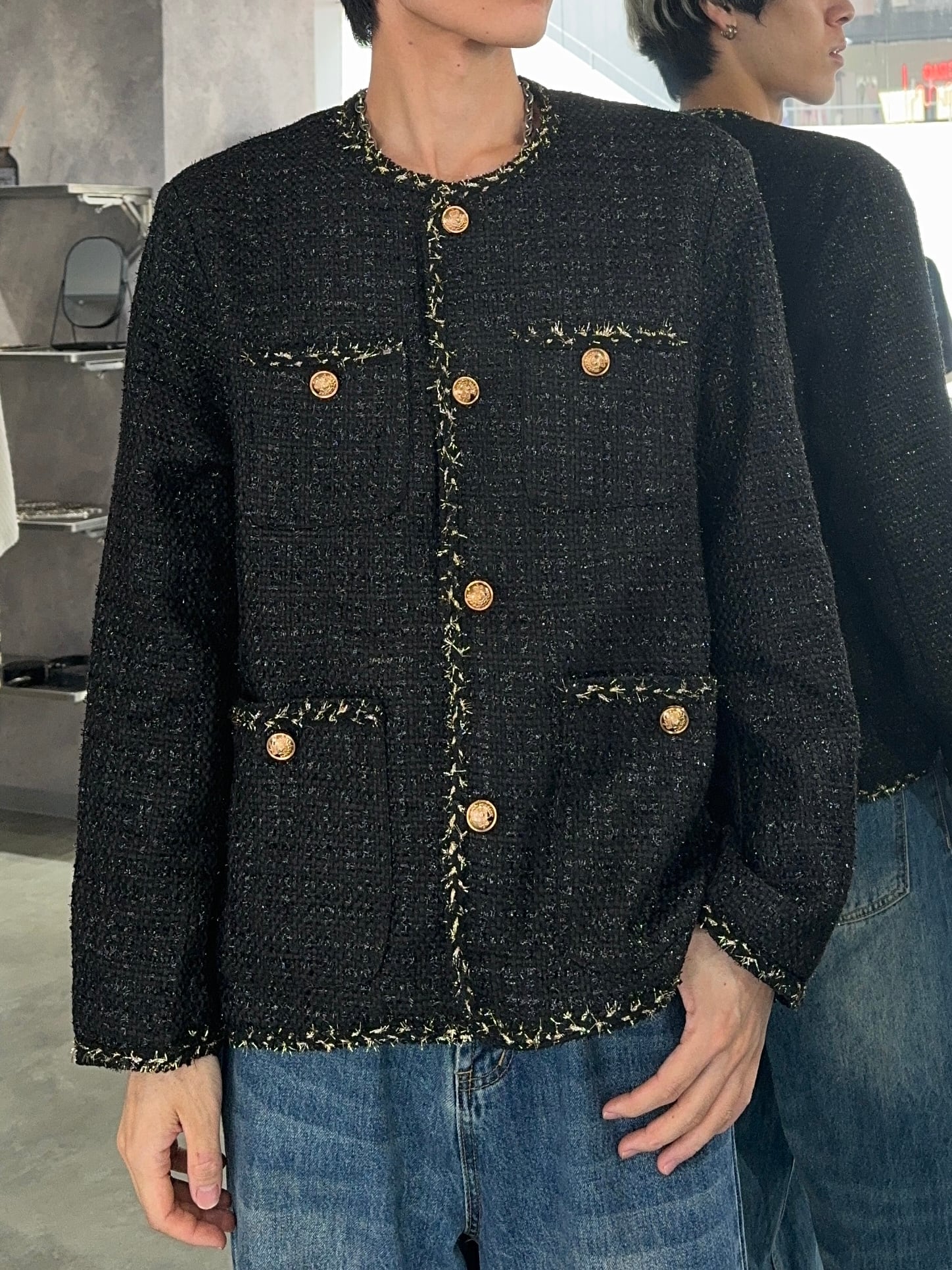 ALUDE SELECT】black gold tweed jacket | 【ALUDE】韓国メンズ