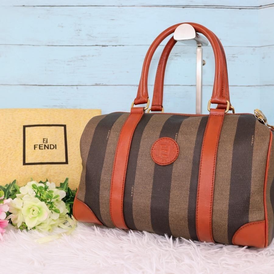 FENDI フェンディ ボストンバッグ ストライプ 茶色×カーキ 本革 PVC
