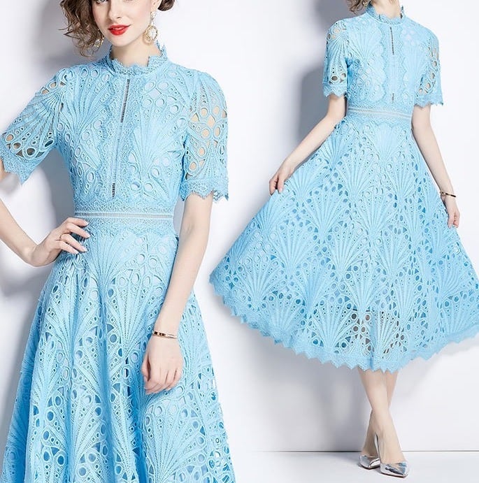 送料無料 ◇ D1857-2 クロッシェレース スカラップ 半袖 ロング ドレス