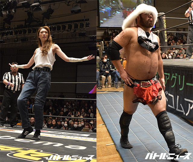 コスチュームチェンジマッチで赤井沙希の衣装が男子レスラーの手に