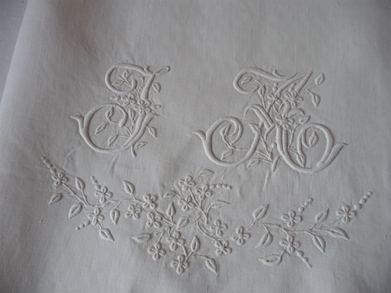 フランスアンティーク 手織りリネン フリンジ付きクロス G.M刺繍