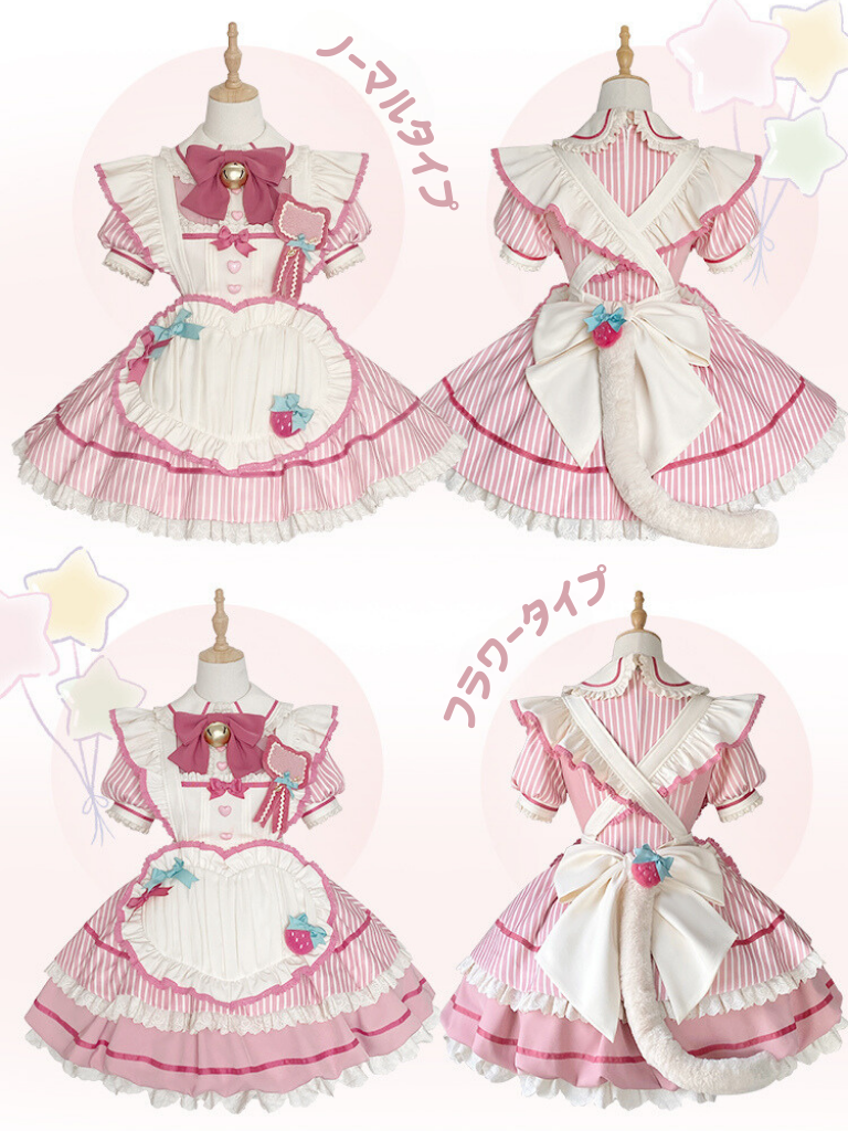 サクラピンクガーリーバブルロリータドレス+エプロン+ハット+