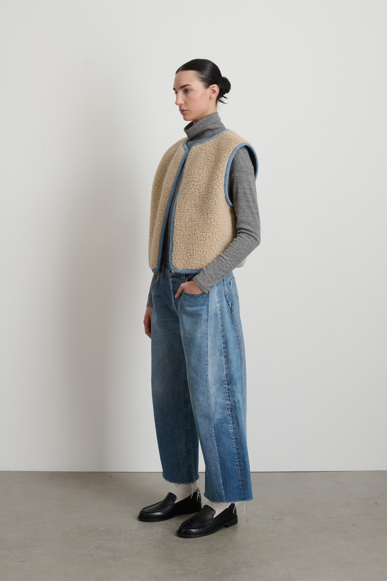 Reversible Reworked Vintage Denim and Sherpa Vest Oatmeal Sherpa
