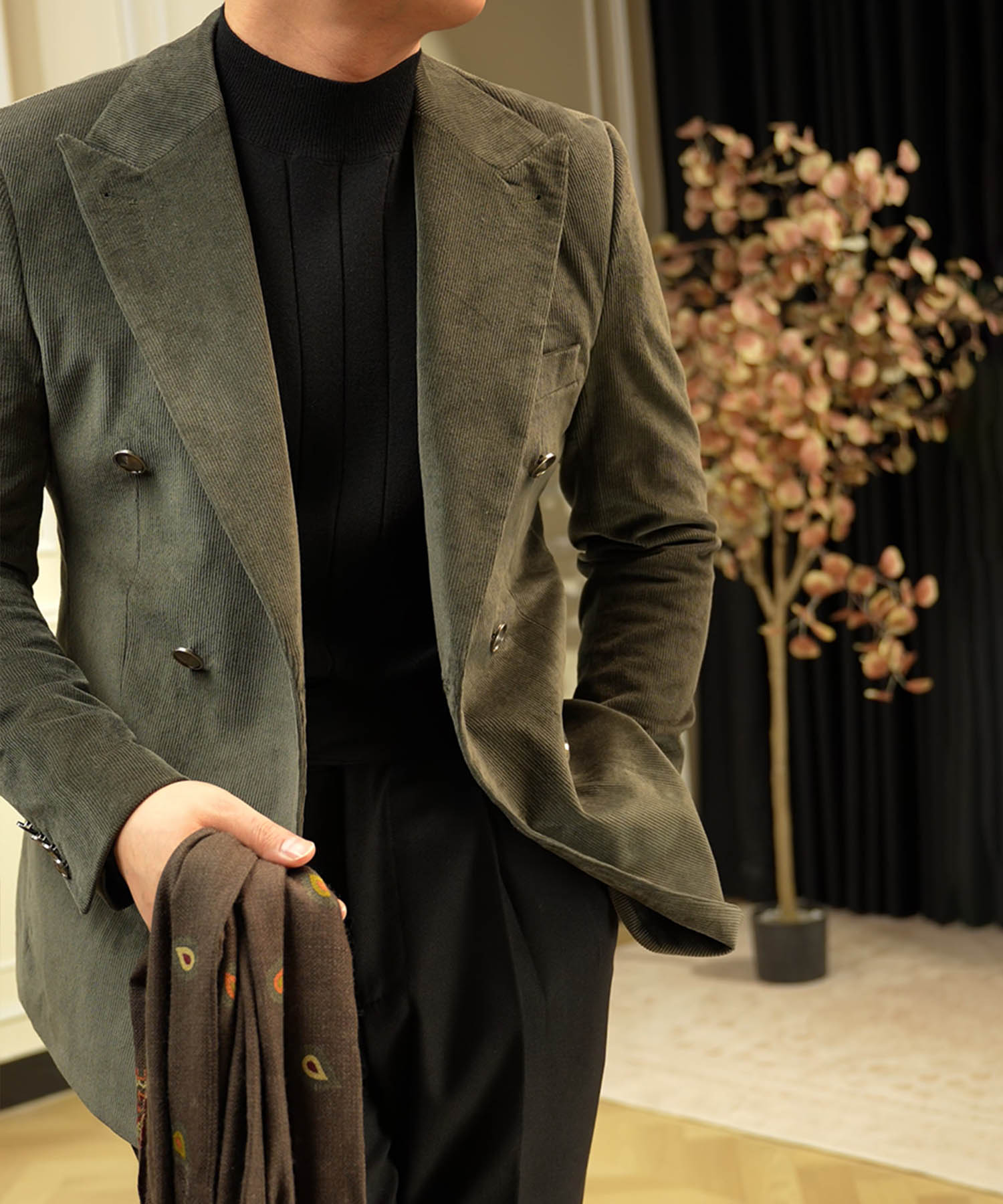 スリムフィット ダブルブレスト 6つボタン 無地 綿 異素材 フラップ