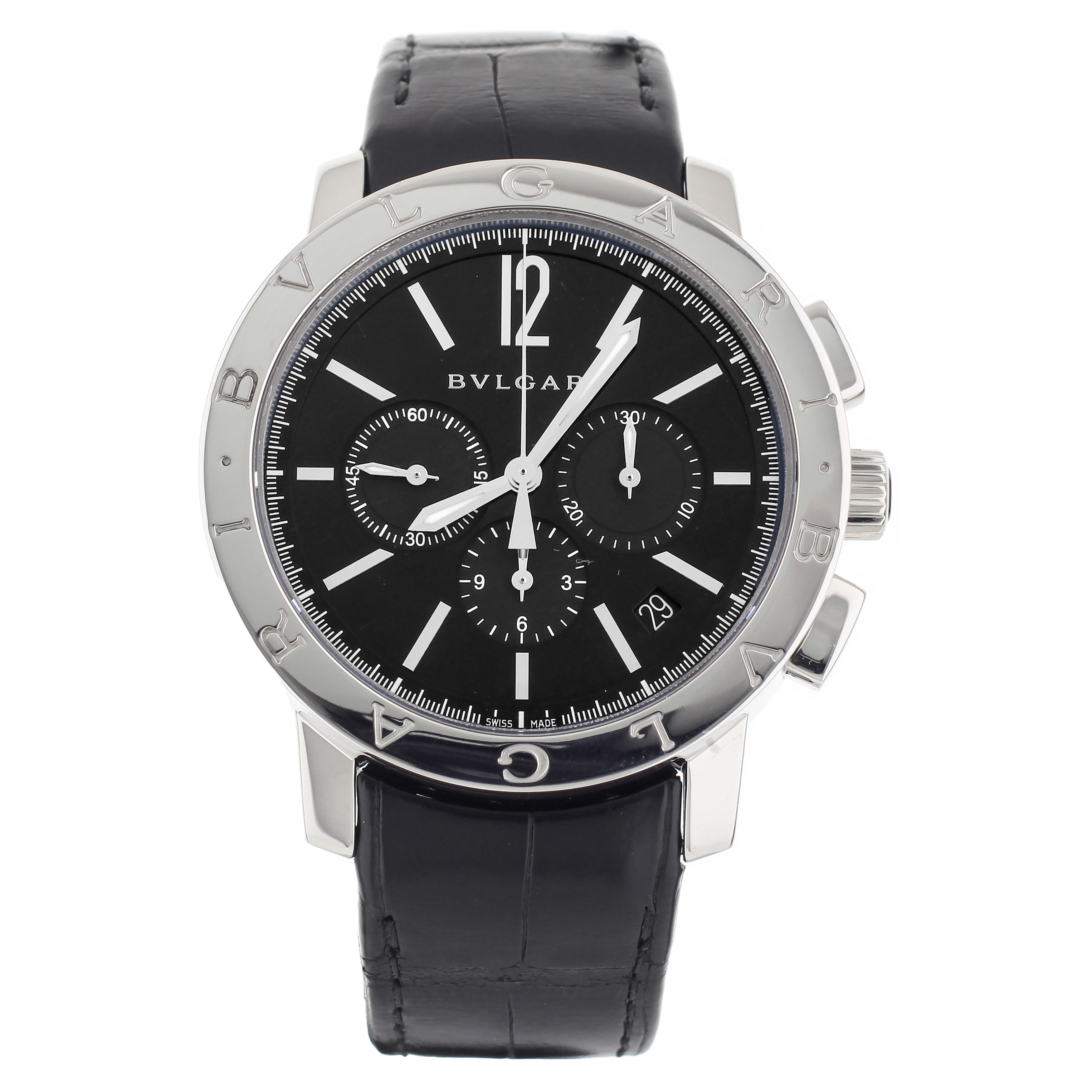 Bulgari Bulgari Chronograph Stainless Steel Black Dial Alligator 41mm