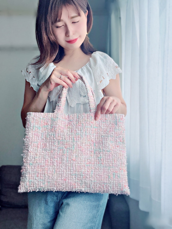 再販❤️A4サイズ 横型キャンディツイード ピンク トートバッグ サブ