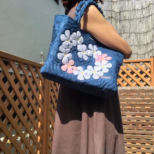 ハワイアンキルト プルメリアのトートバッグブルー白 受注製作 トート