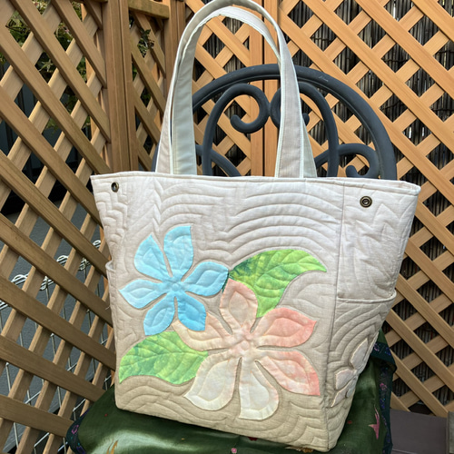 ハワイアンキルト プルメリアのレッスンバックベージュブルー 受注製作