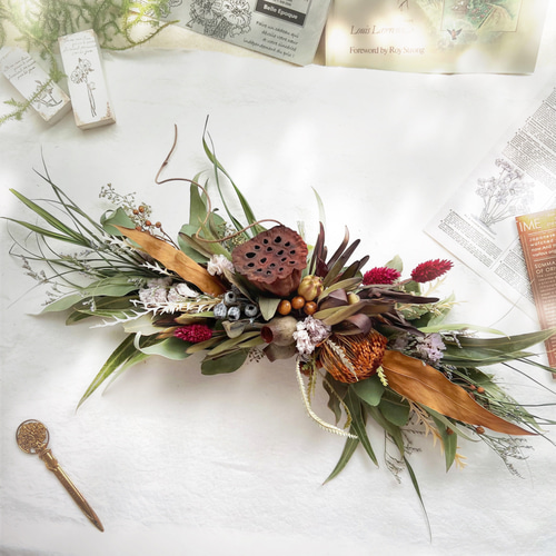 秋を感じる横長スワッグ 横長ガーランド 50cm ネイティブフラワー