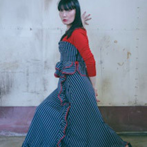 縁フリルスカート-紺ストライプ×赤縁- フレアスカート アンムム 通販