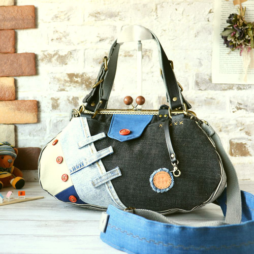 3WAYカジュアルデニムながま口ボストン/角25cm ボストンバッグ