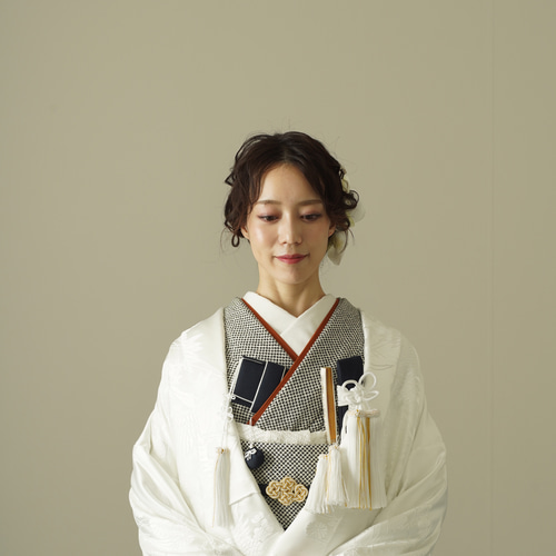 花嫁 ブライダル 絞り風 鹿の子柄 白地に黒系 色掛下小物トータル10点