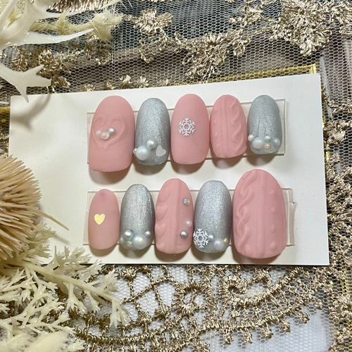 サイズオーダー♡ハート×ニットネイルチップ ピンク size order