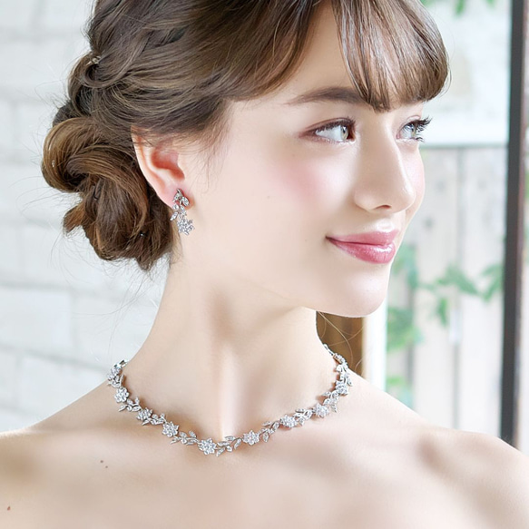 フローラルラインジルコニアネックレス&イヤリング/ピアスset RL-40