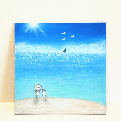 夏！ キラキラ輝く 海 太陽 空 【原画】オイルパステルアート 絵画