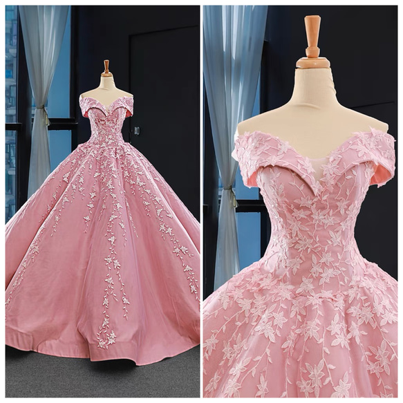 オフショルダー フラワーレース プリンセスドレス ピンク カラードレス