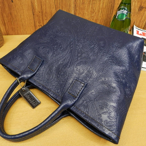 ☆上品ダークネイビー☆ペイズリー柄レザーのミニトートバッグです♪S