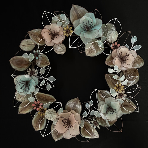 一点物】ピンクとミントブルーのアンティーク風リース 約33cm ワイヤー
