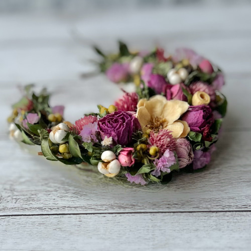ピンクの花達ドライフラワー三日月リース 祝いの木 母の日ギフト 玄関