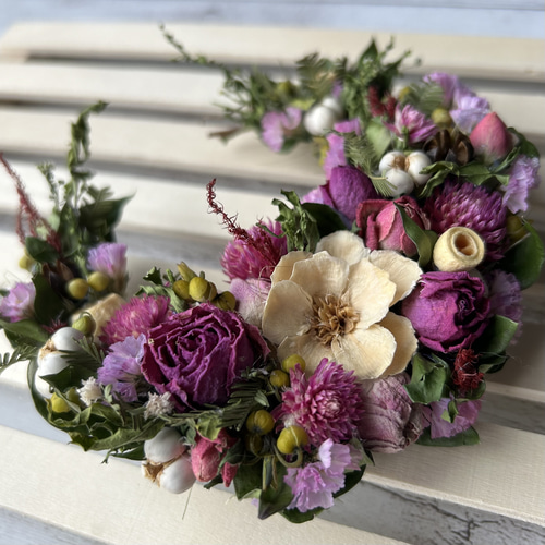 ピンクの花達ドライフラワー三日月リース 祝いの木 母の日ギフト 玄関