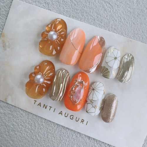高級品 振袖 成人式 オレンジ ネイルチップ 豪華 贅沢 ゴージャス 和柄