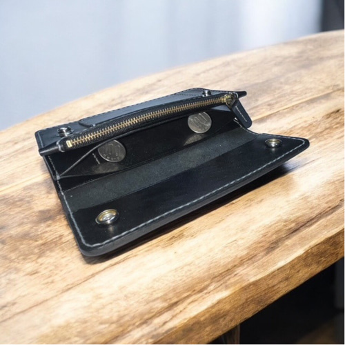 ロングトラッカーウォレット/姫路レザー芯通し黒色/ステッチ白色/フル