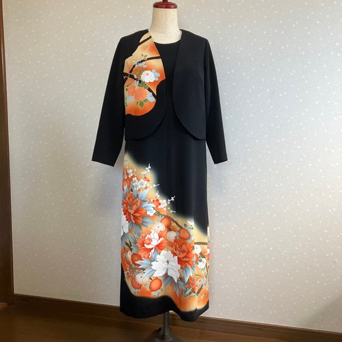 No.128 留袖ドレス ワンピースとボレロ(カーブ) M〜L11号着物リメイク