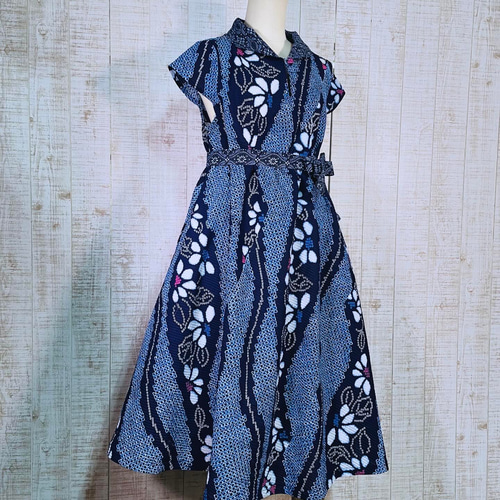 2種類の反物浴衣立ち襟フレンチ袖テントラインワンピースM〜L