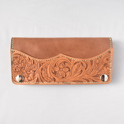 受注製作品】トラッカーウォレット 花蝶カービング 本革 牛革 薄型