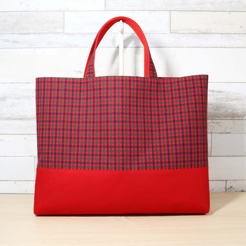 ファミリア風 赤チェック×赤 持ち手切替 マチありレッスンバッグ