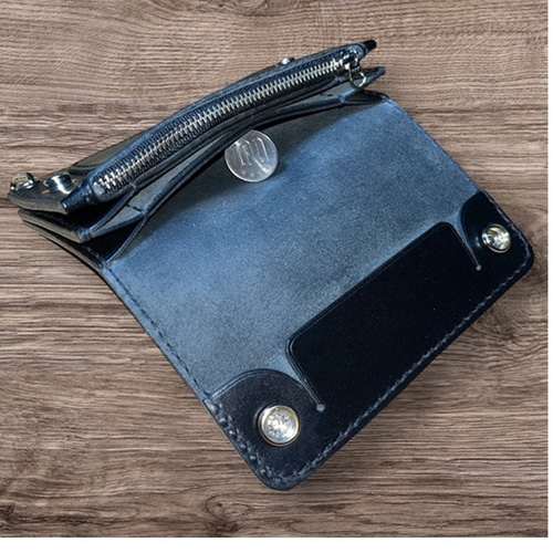 ⑥ミドルトラッカーウォレット/栃木レザー黒色/ホック真鍮/小判カン