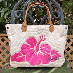 ハワイアンキルト ピンクハイビスカスのトートバッグ 受注製作 トート