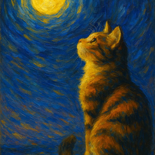 月を見上げる猫 A4 猫 夜空 星 月 アート インテリア 絵画 atelier mio