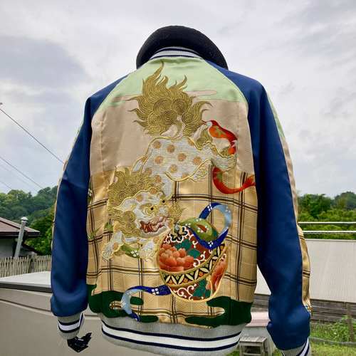 着物リメイクスカジャン 産着リメイク リバーシブル 獅子 刺繍 メンズL