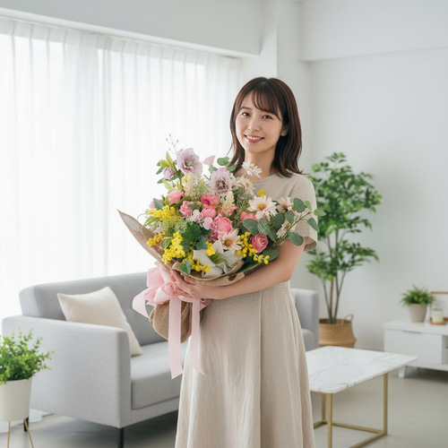 春を束ねた飾る花束ブーケ｜ミモザ・クリスマスローズ・薔薇 光触媒